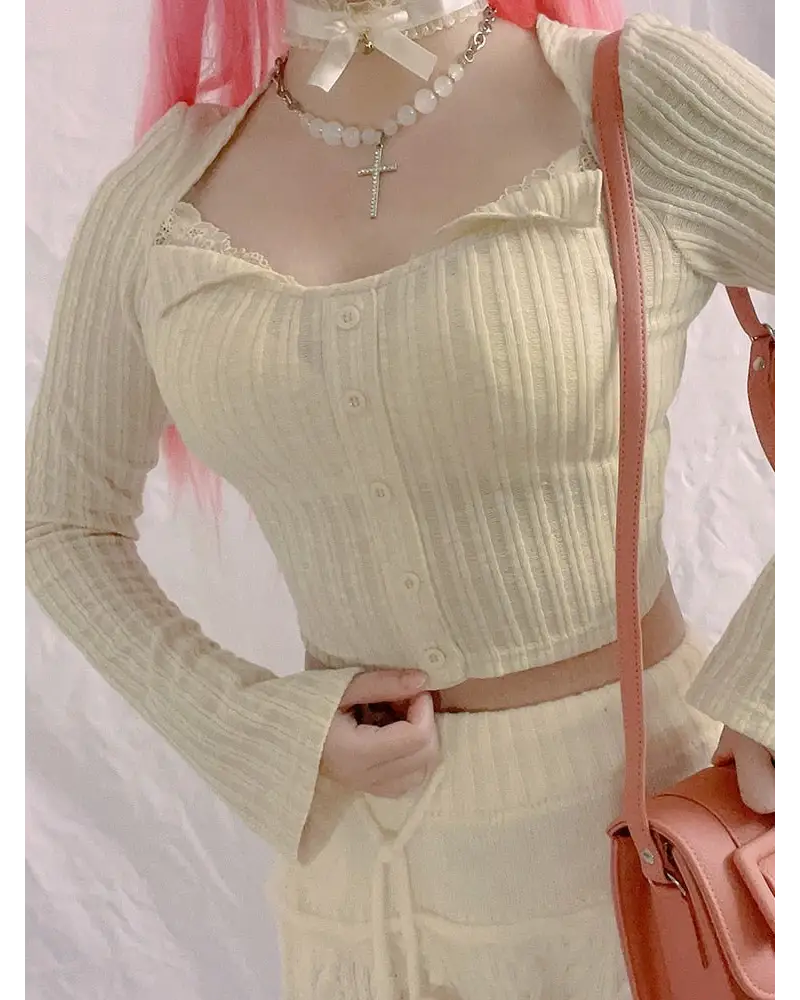 Cream Knit Cropped Sweater in Striped Cable Knit Fabric - sweater