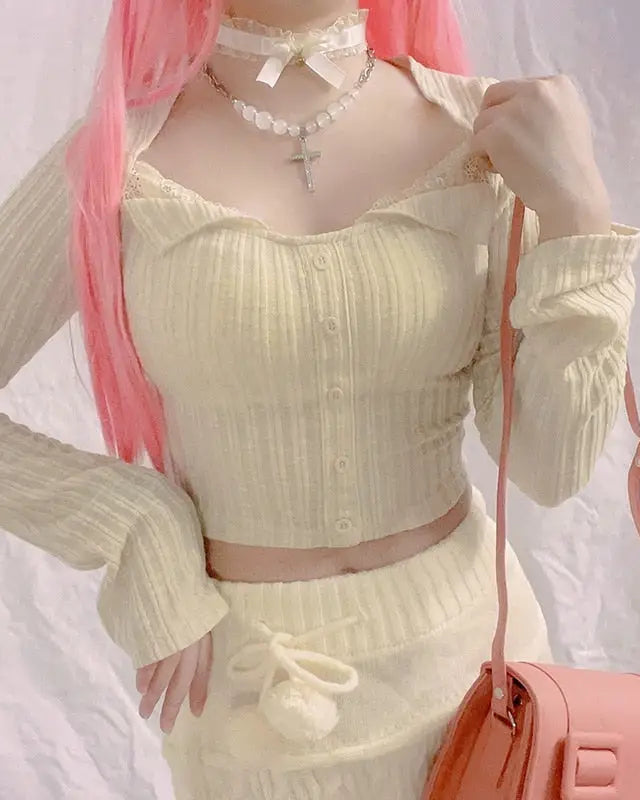 Cream Knit Cropped Sweater in Striped Cable Knit Fabric - sweater