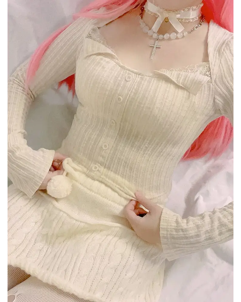 Cream Knit Cropped Sweater in Striped Cable Knit Fabric - sweater