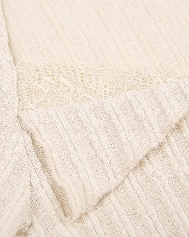 Cream Knit Cropped Sweater in Striped Cable Knit Fabric - sweater