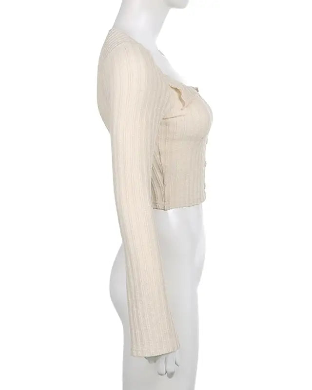 Cream Knit Cropped Sweater in Striped Cable Knit Fabric - sweater