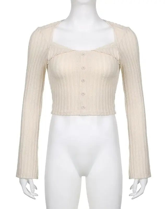 Cream Knit Cropped Sweater in Striped Cable Knit Fabric - Cosparty