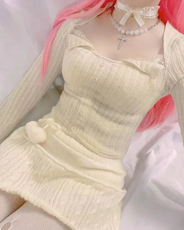 Cream Knit Cropped Sweater in Striped Cable Knit Fabric - Cosparty