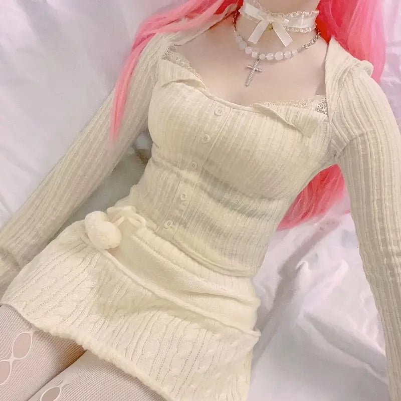 Cream Knit Cropped Sweater in Striped Cable Knit Fabric - Cosparty