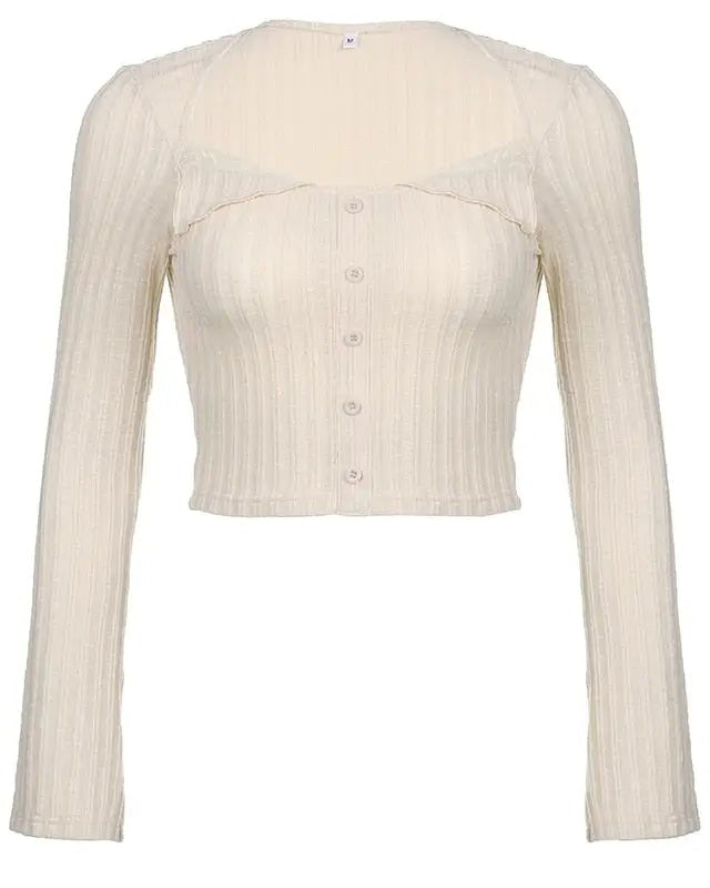 Cream Knit Cropped Sweater in Striped Cable Knit Fabric - Cosparty