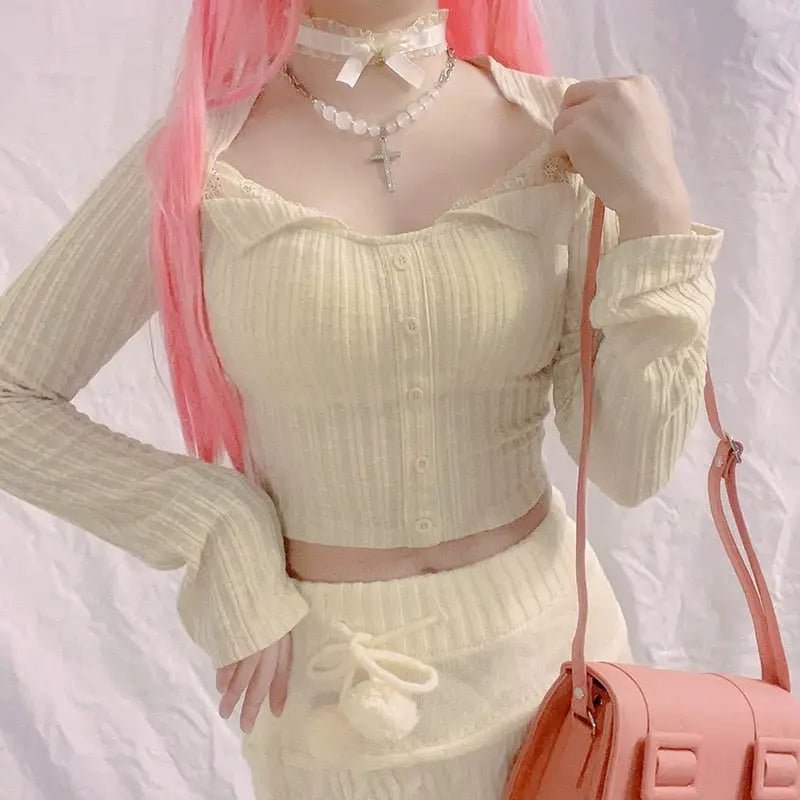 Cream Knit Cropped Sweater in Striped Cable Knit Fabric - Cosparty