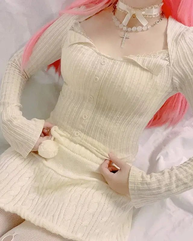 Cream Knit Cropped Sweater in Striped Cable Knit Fabric - Cosparty