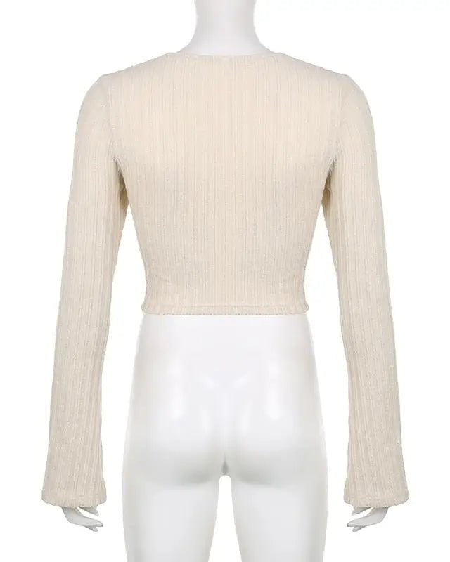 Cream Knit Cropped Sweater in Striped Cable Knit Fabric - Cosparty