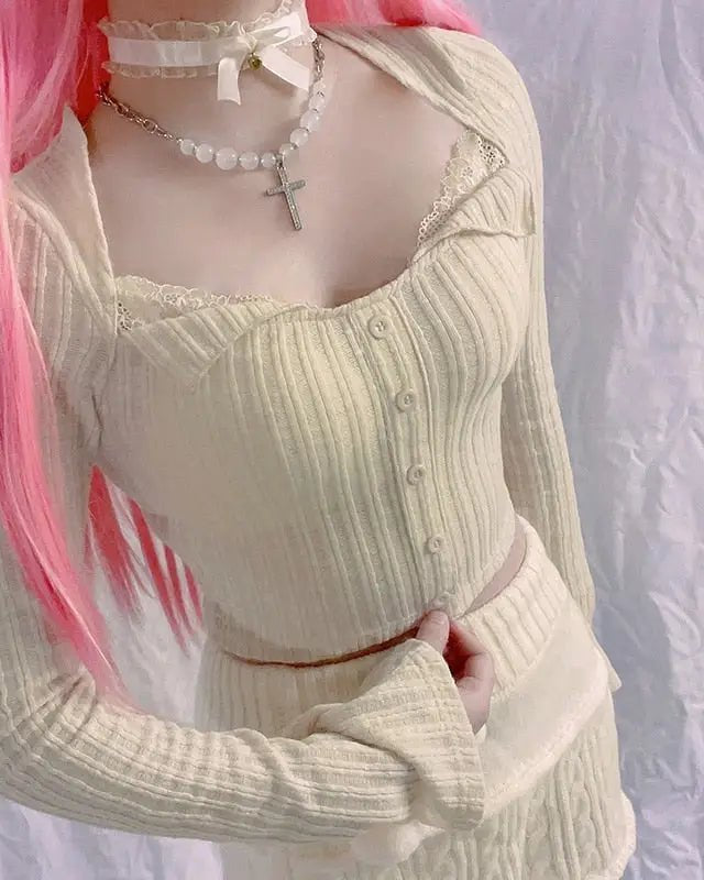 Cream Knit Cropped Sweater in Striped Cable Knit Fabric - Cosparty