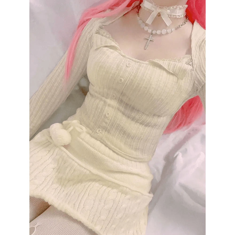 Cream Knit Cropped Sweater in Striped Cable Knit Fabric - Cosparty