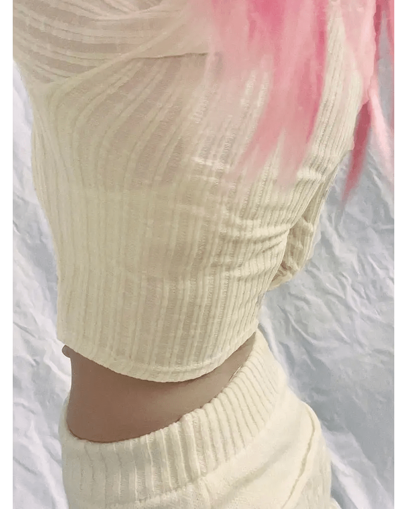 Cream Knit Cropped Sweater in Striped Cable Knit Fabric - Cosparty