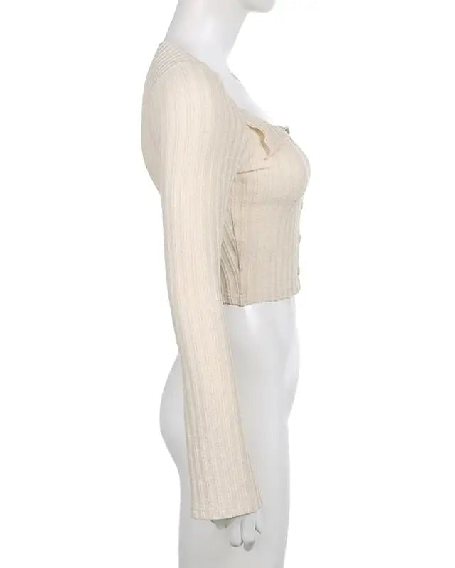 Cream Knit Cropped Sweater in Striped Cable Knit Fabric - Cosparty