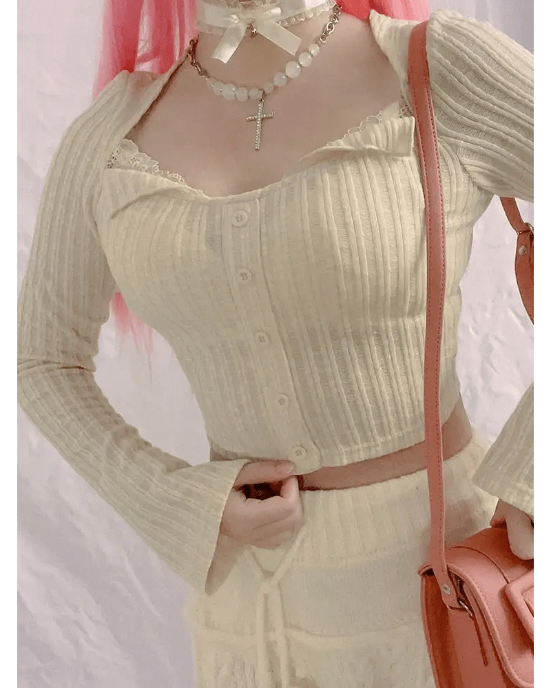 Cream Knit Cropped Sweater in Striped Cable Knit Fabric - Cosparty