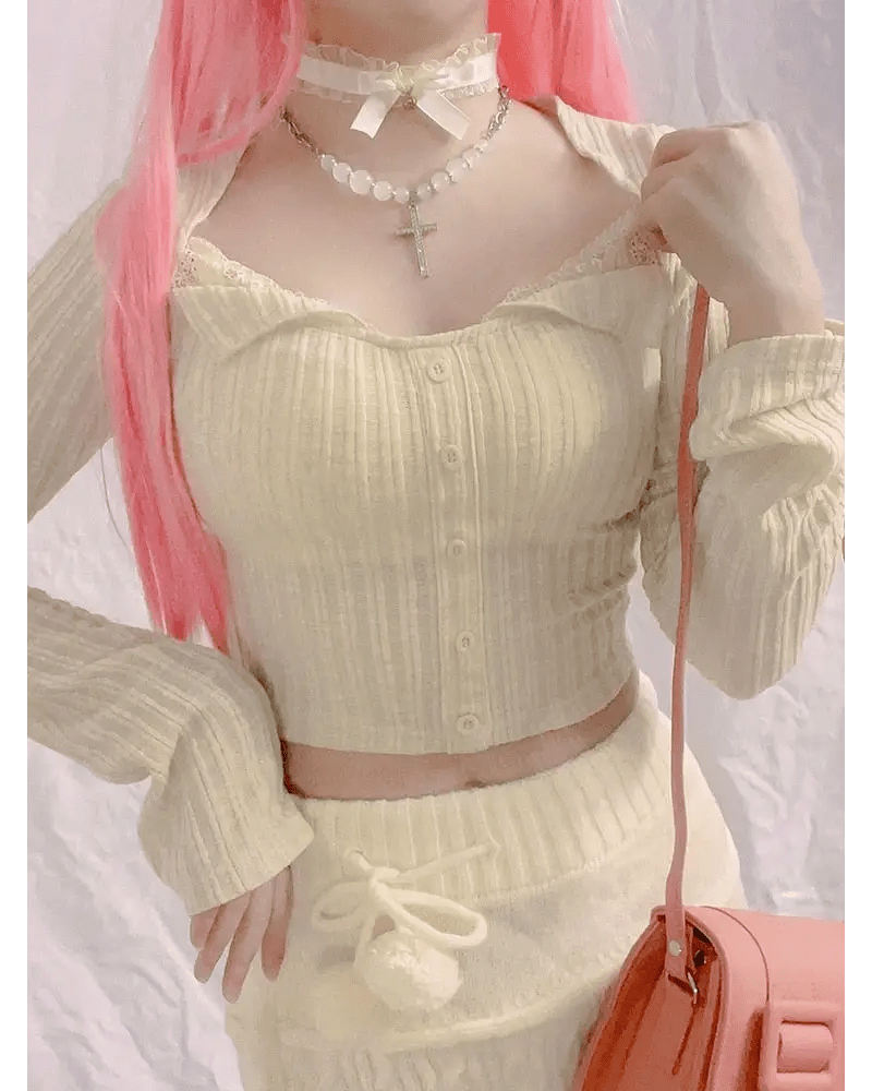 Cream Knit Cropped Sweater in Striped Cable Knit Fabric - Cosparty