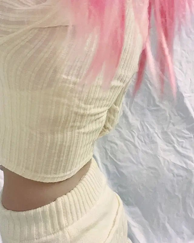 Cream Knit Cropped Sweater in Striped Cable Knit Fabric - Cosparty