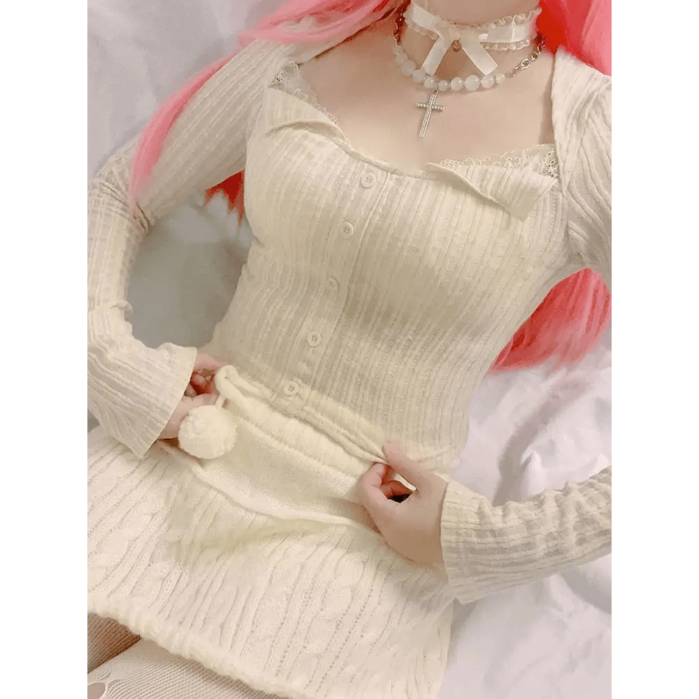 Cream Knit Cropped Sweater in Striped Cable Knit Fabric - Cosparty