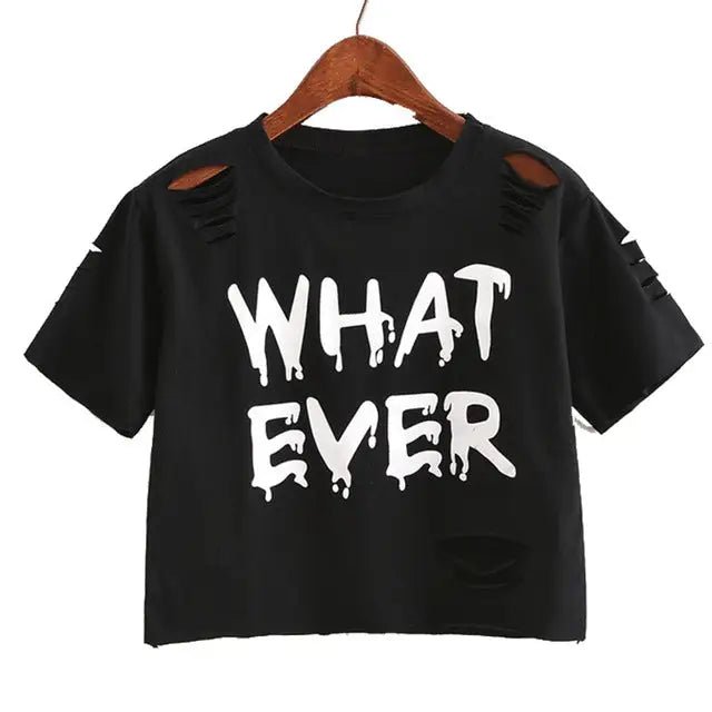 Cropped Punk Rock T-Shirt with Bold WHAT EVER Statement - Cosparty