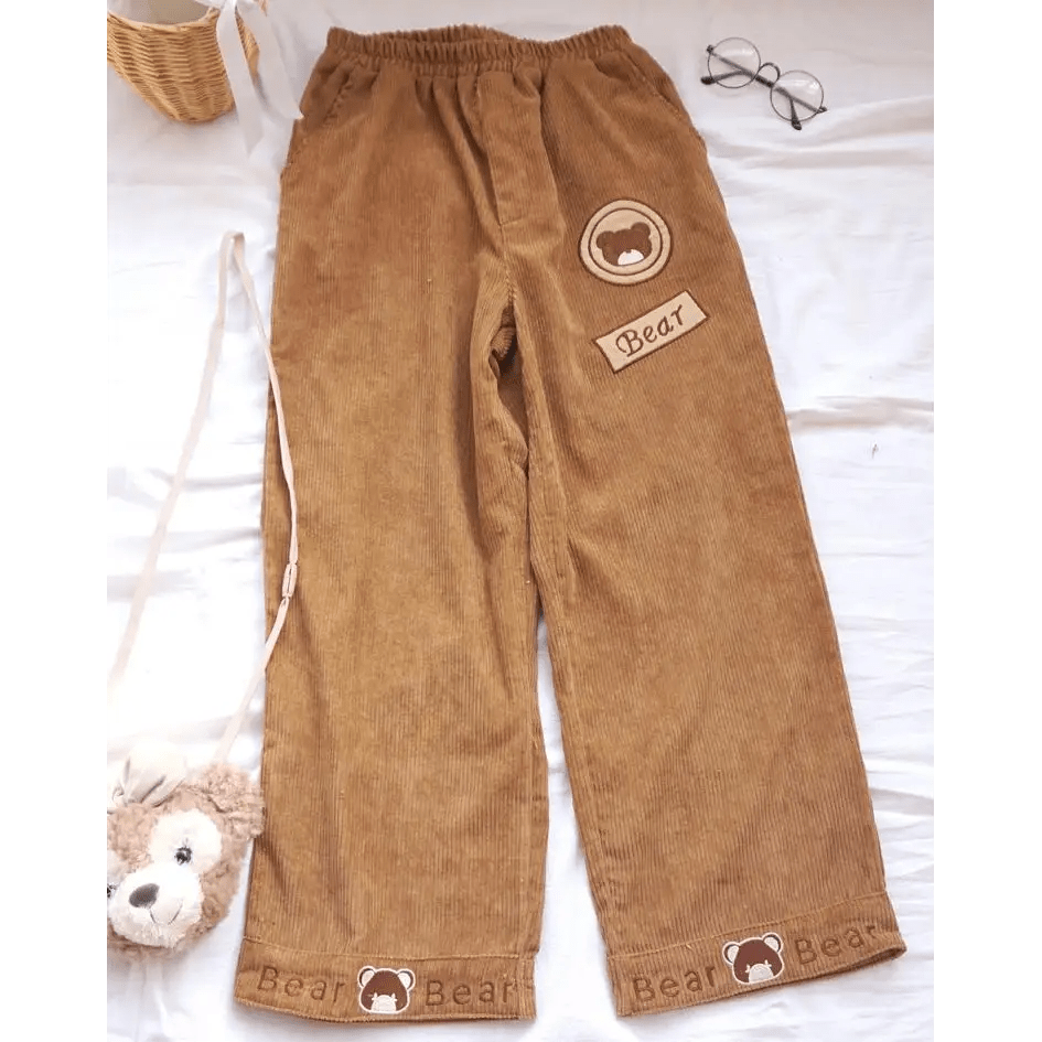 Cute Brown Baby Bear Corduroy Pants for Cottagecore Aesthetic - Cosparty