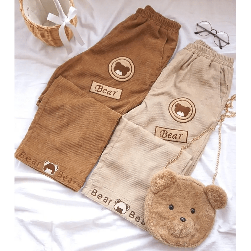 Cute Brown Baby Bear Corduroy Pants for Cottagecore Aesthetic - Cosparty