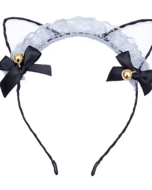 Cute Cat Ear Headband with Gold Bells and Lace Embellishments - Cosparty