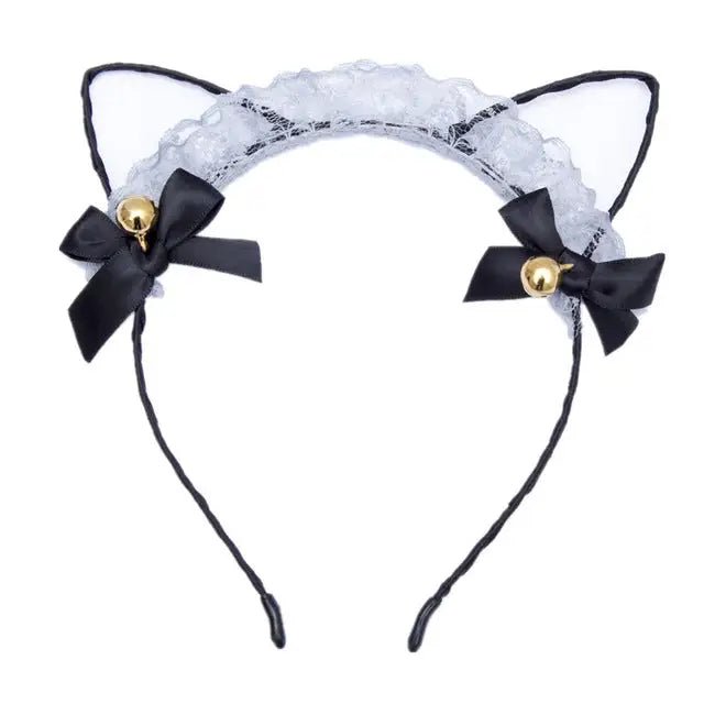Cute Cat Ear Headband with Gold Bells and Lace Embellishments - Cosparty