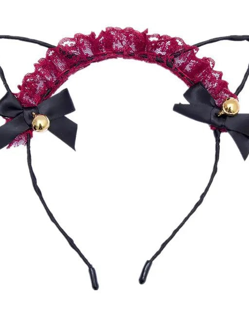Cute Cat Ear Headband with Gold Bells and Lace Embellishments - Cosparty