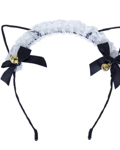Cute Cat Ear Headband with Gold Bells and Lace Embellishments - Cosparty