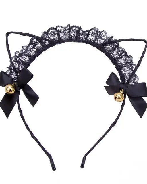Cute Cat Ear Headband with Gold Bells and Lace Embellishments - Cosparty