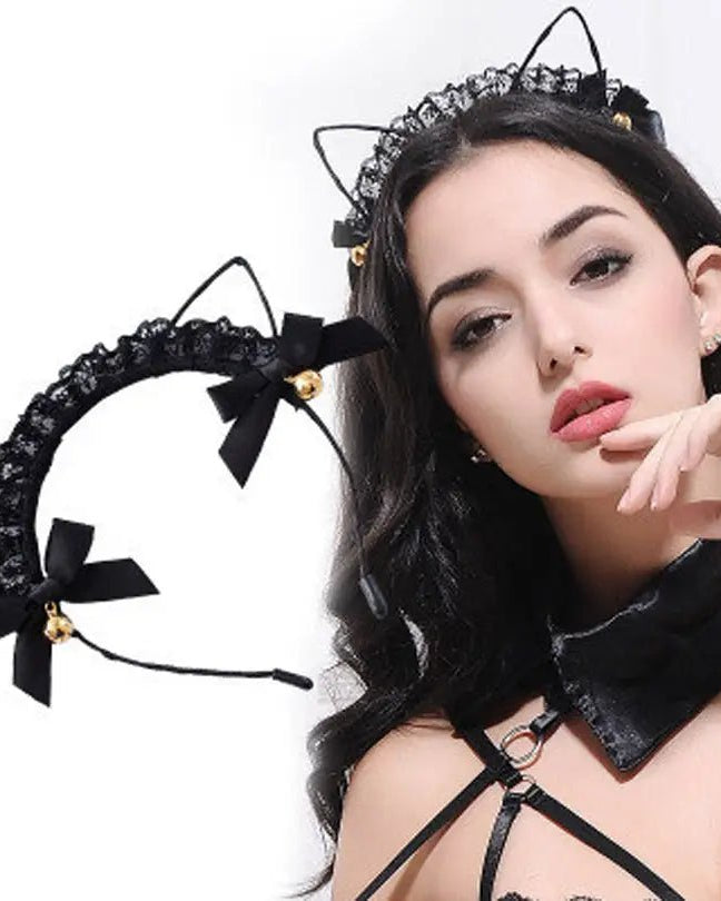 Cute Cat Ear Headband with Gold Bells and Lace Embellishments - Cosparty