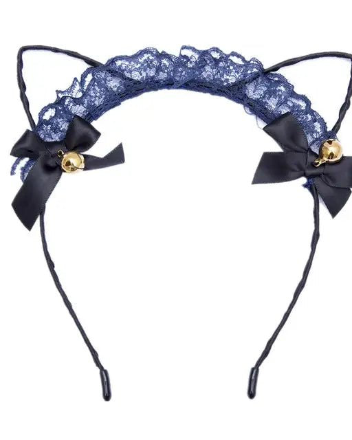 Cute Cat Ear Headband with Gold Bells and Lace Embellishments - Cosparty