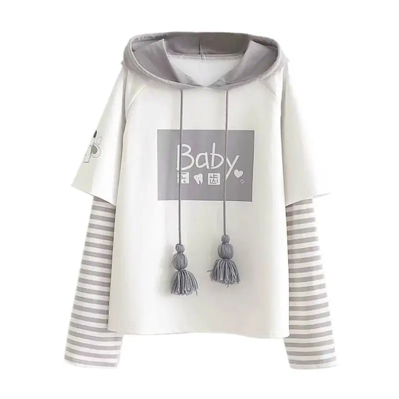 Cute Grey Baby Hoodie with Striped Layered Sleeves - Cosparty