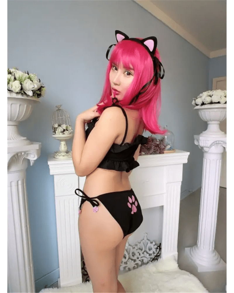 Cute Neko Cat Inspired Lingerie Set with Bikini Bottoms and Accessories - Cosparty