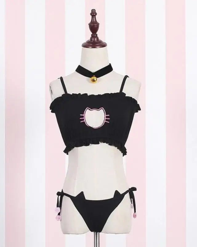 Cute Neko Cat Inspired Lingerie Set with Bikini Bottoms and Accessories - Cosparty