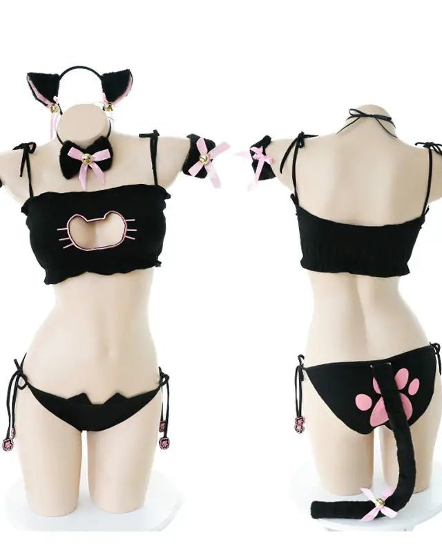 Cute Neko Cat Inspired Lingerie Set with Bikini Bottoms and Accessories - Cosparty