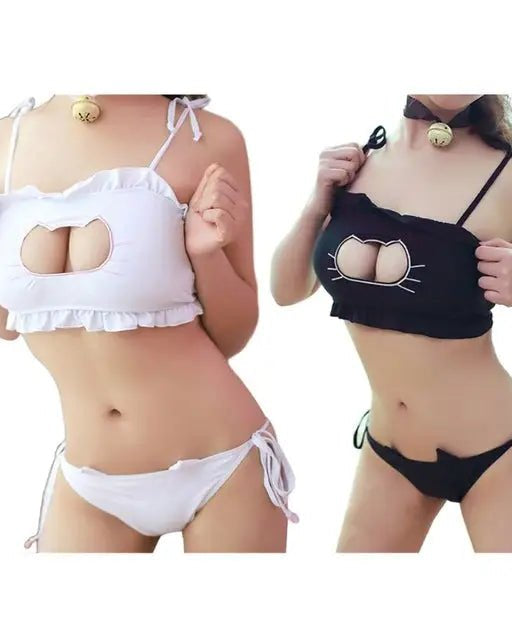Cute Neko Cat Inspired Lingerie Set with Bikini Bottoms and Accessories - Cosparty