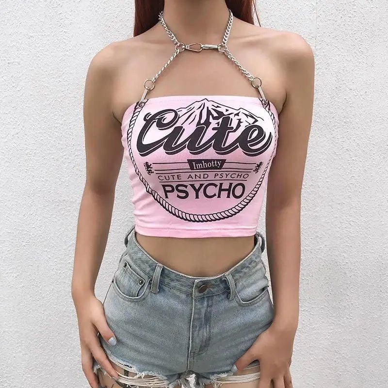 Cute & Psycho Chain Link Cropped Belly Shirt in Pink - Cosparty