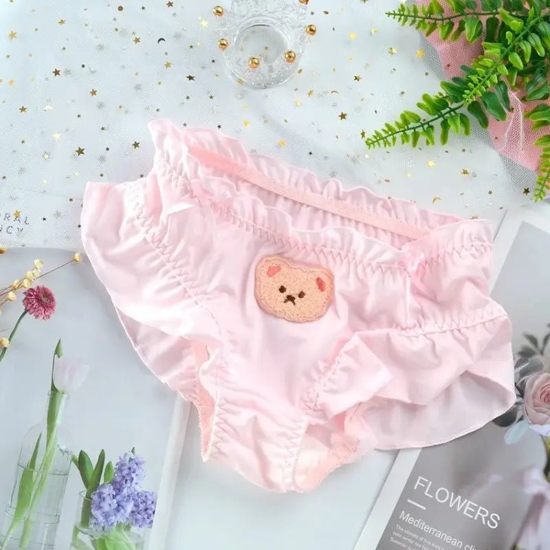 Cute Teddy Bear Panties in Silky Satin with Embroidered Details - Cosparty
