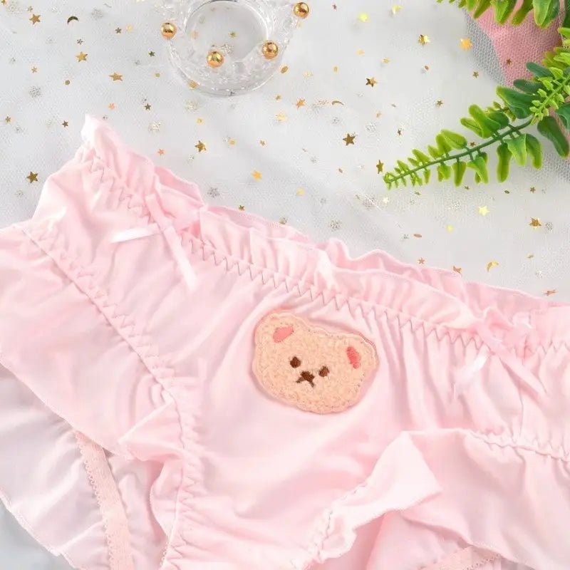 Cute Teddy Bear Panties in Silky Satin with Embroidered Details - Cosparty
