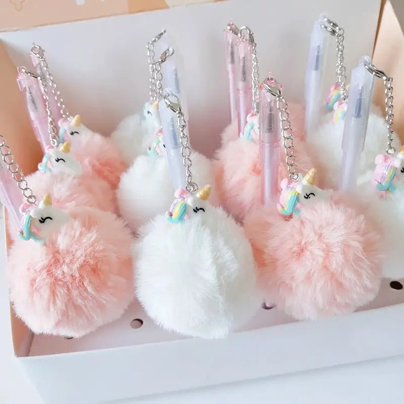 Cute Unicorn Pompom Pens with Fluffy Keychain Attachments - Cosparty