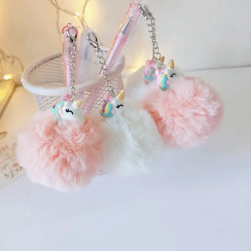 Cute Unicorn Pompom Pens with Fluffy Keychain Attachments - Cosparty
