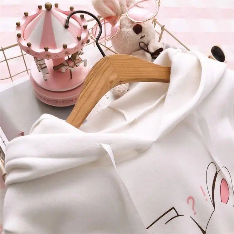 Cute White Baby Kisses Hoodie with Bunny Ears for Kawaii Fashion - Cosparty