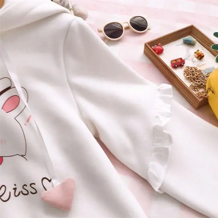 Cute White Baby Kisses Hoodie with Bunny Ears for Kawaii Fashion - Cosparty