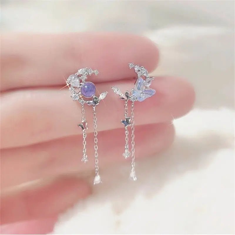 Dainty Crescent Moon Crystal Earrings with Rhinestones and Gems - Cosparty