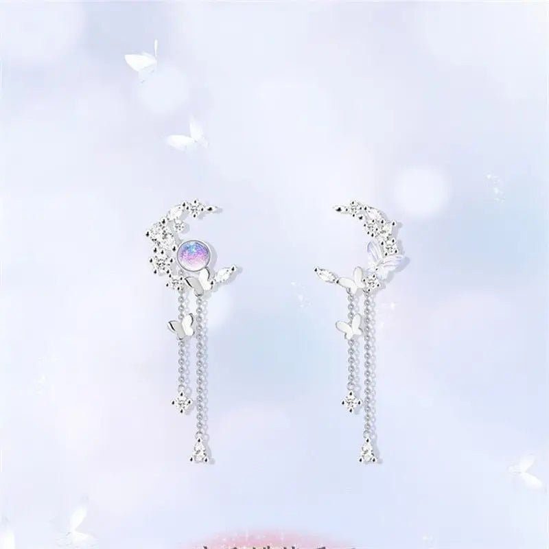Dainty Crescent Moon Crystal Earrings with Rhinestones and Gems - Cosparty