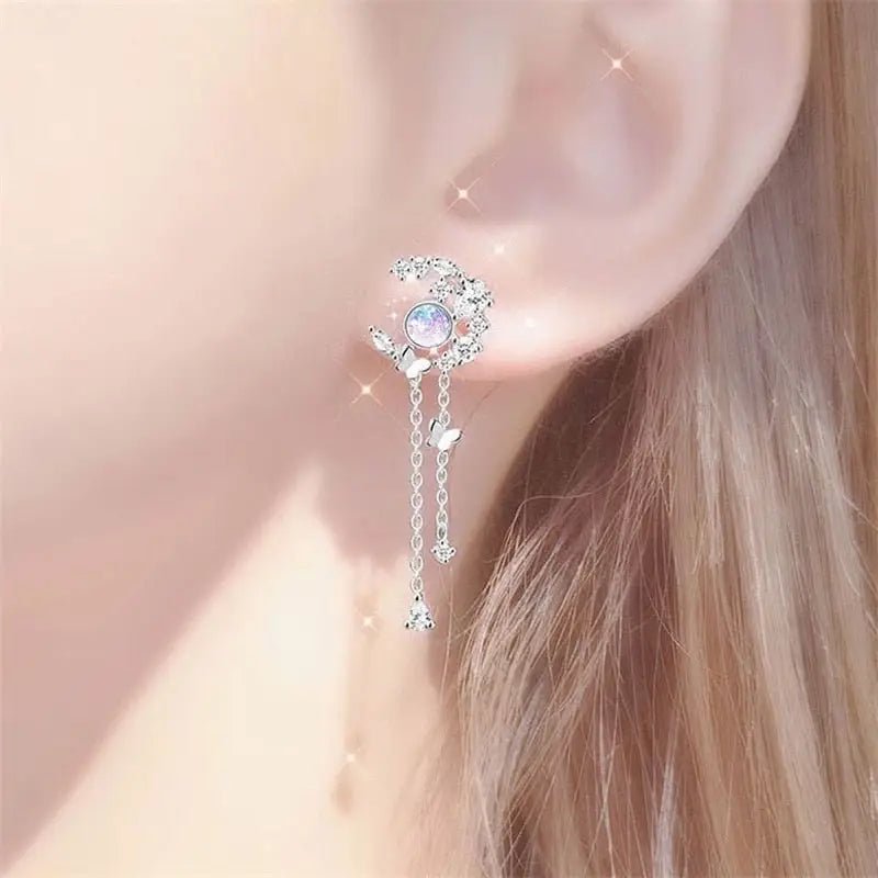Dainty Crescent Moon Crystal Earrings with Rhinestones and Gems - Cosparty