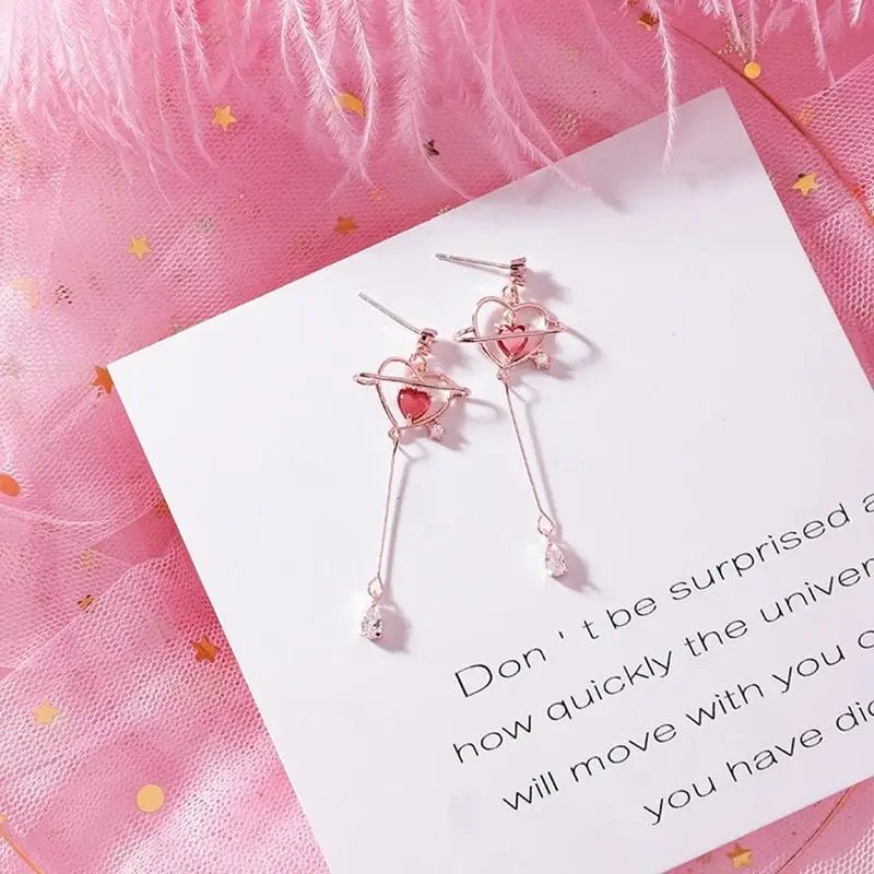Dainty Heart Planet Crystal Earrings with Rhinestones and Gems - Cosparty