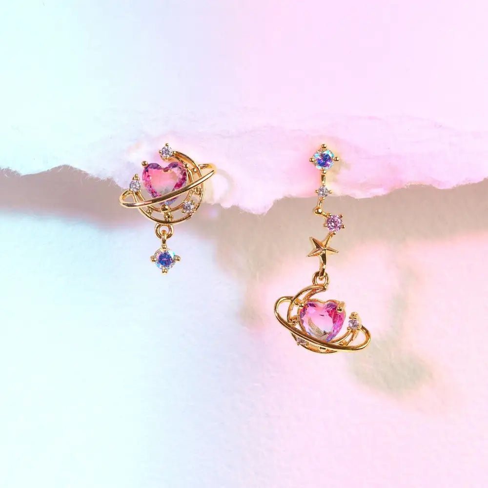 Dainty Heart Planet Earrings with Rhinestones and Gem Details - Cosparty
