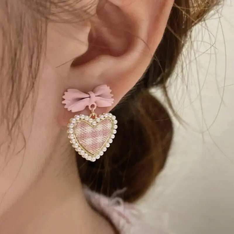 Dainty Pink Plaid Heart Flower Earrings with Gold Details - Cosparty