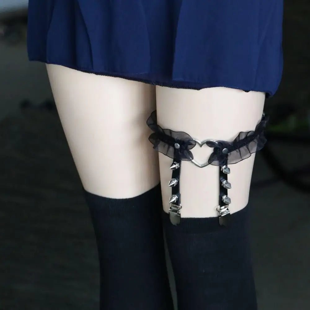 Dainty Ruffled Garter Belt with Chiffon, Grommets, and Spikes - Cosparty
