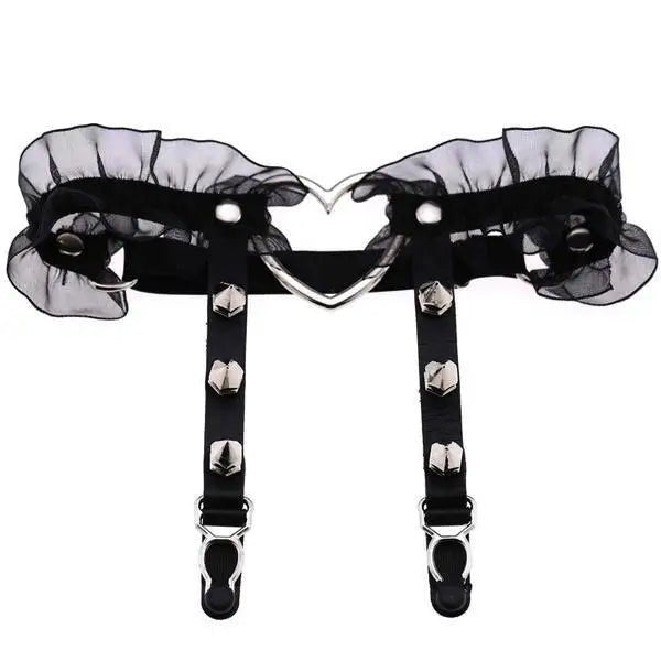 Dainty Ruffled Garter Belt with Chiffon, Grommets, and Spikes - Cosparty